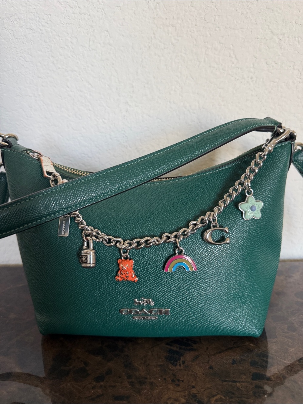 Coach Emerald Green Pebbled Leather Shoulder Bag Crossbody with Charm Chain
